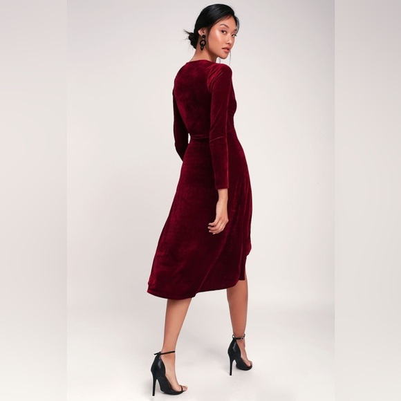 Lulus Silver Screen Burgundy Velvet Long Sleeve Midi Dress Small Holiday Party - Picture 2 of 13